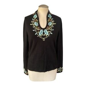 CABO Black Floral Embroidered Blouse L Stretchy Boho
